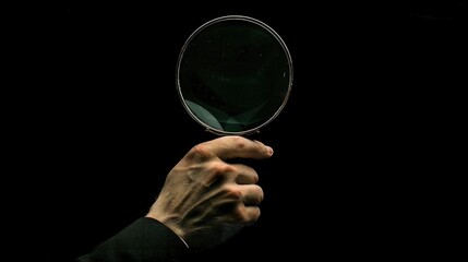 Old Hand with Magnifying Glass on Mysterious Black Background. - obrazy, fototapety, plakaty
