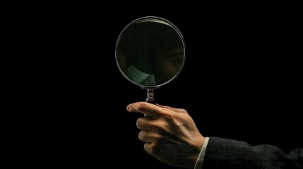 Old Hand with Magnifying Glass on Mysterious Black Background. - obrazy, fototapety, plakaty