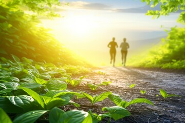 Two people running on a forest trail with the sun shining through the trees