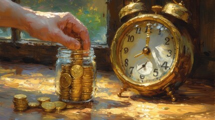 A hand putting a coin into a jar with an alarm clock on the side - obrazy, fototapety, plakaty