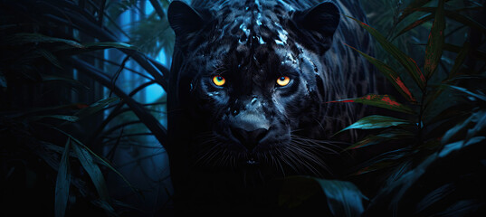 Wild black panther with blue eyes in tropical jungle at dark night