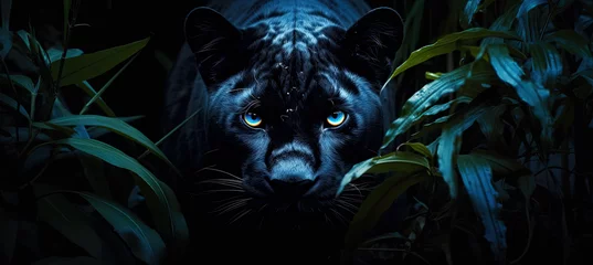Foto op Plexiglas Wild black panther with blue eyes in tropical jungle at dark night ©  Mohammad Xte