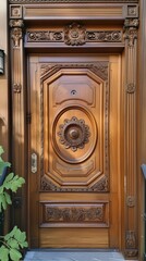 Old-fashioned wooden entrance door, a very attractive part of the house. Generative AI