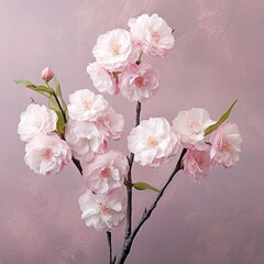 A branch of delicate pink cherry blossoms against a pink background
