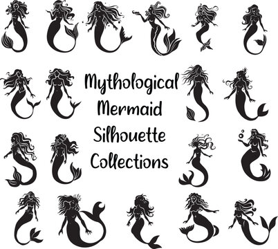 A Vector set of mythological mermaid silhouette
