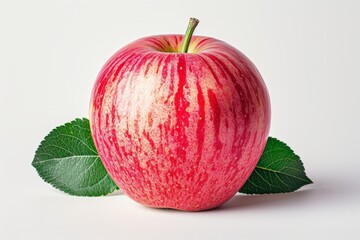 A red apple with green leaves on a white background