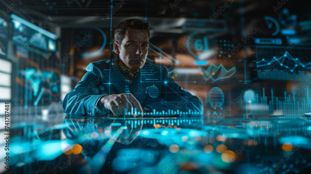 Poster person in a business suit is interacting with a futuristic holographic display of graphs and data an