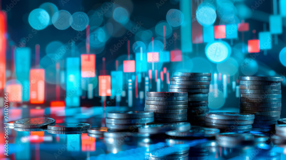 Poster stacks of coins with a backdrop of glowing blue digital graphs and circuitry, symbolizing the inters