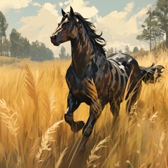 A dark brown horse is galloping in the golden wheat field - obrazy, fototapety, plakaty