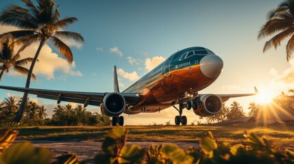 Airplane flying in the sky with palm trees at sunset and water - Powered by Adobe