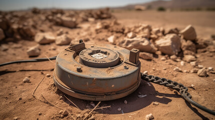 A metal object lies on a dirt field, creating a stark contrast against the earthy surroundings