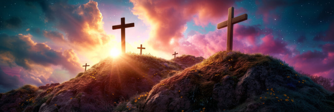 The sun's rays envelop wooden crosses on the hill. Easter banner. Hope and inspiration concept