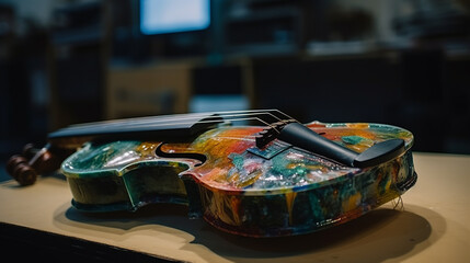A violin crafted from recycling materials resting on a wooden table