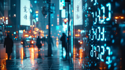 cityscape with digital data overlaying the physical environment, representing a concept of a smart city or the integration of digital information with urban space.