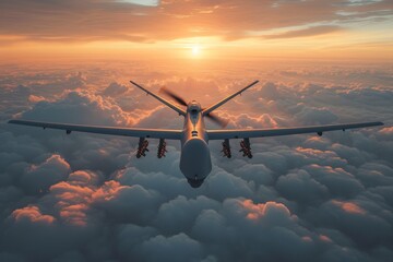 Sunset soar: military drone glides over cloud-wrapped terrain - obrazy, fototapety, plakaty