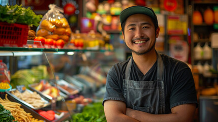 Dedicated Asiatic man serving up fast food with a smile vibrant shop background embodying hard work and service