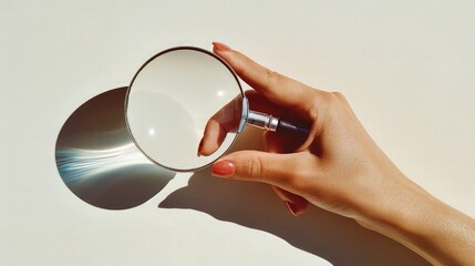 Graceful Curiosity: Woman's Hand with Magnifying Glass on White Background.