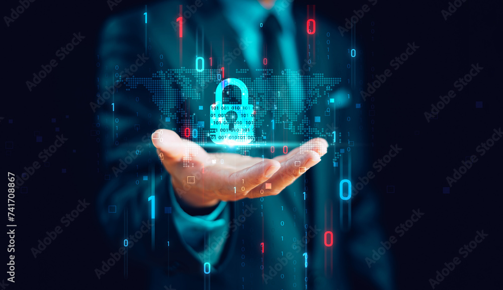 Poster cyber security privacy concept to protect data information. lock icon and internet network secure te