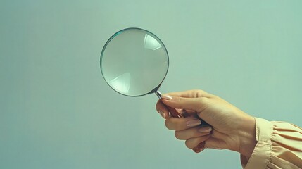 Woman's Hand with Magnifying Glass on Simple Background.