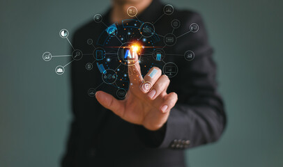 Businessman using technology AI help generate business tool background. Chat bot Chat AI analysis CRM code. Big data technology smart robot AI, artificial intelligence to generate computer website