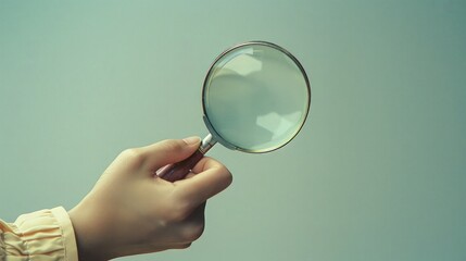 Woman's Hand with Magnifying Glass on Simple Background.