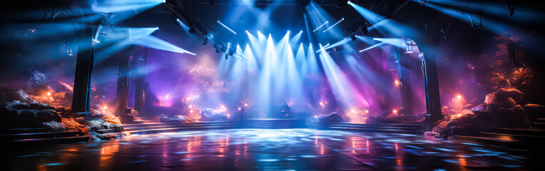 An empty dance floor bathed in vibrant blue violet lighting