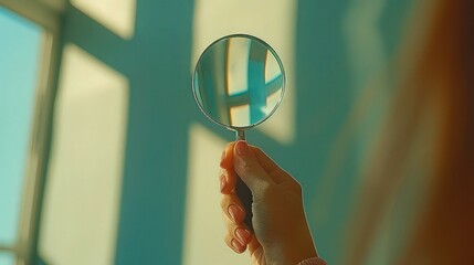 Natural Light Exploration: Woman's Hand Holding Magnifying Glass in Indoor Setting.