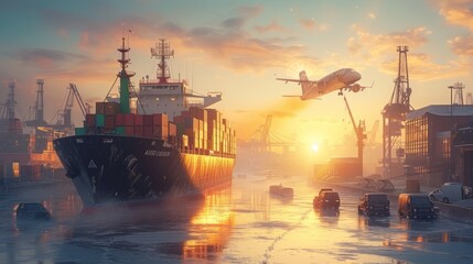A large container ship is docked at a busy port while an airplane flies overhead - obrazy, fototapety, plakaty