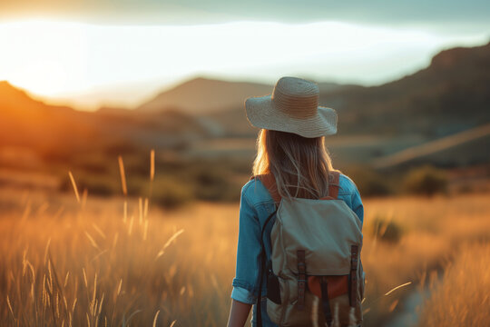 Photo of the back of a girl with a hat backpacking through a field