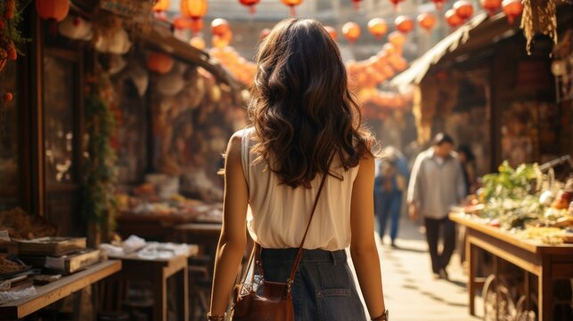 Young asian woman walking in the street market. Travel and leisure concept.