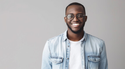 Obraz premium smiling man wearing glasses, a light blue denim jacket, and a white shirt, standing against a plain light background.