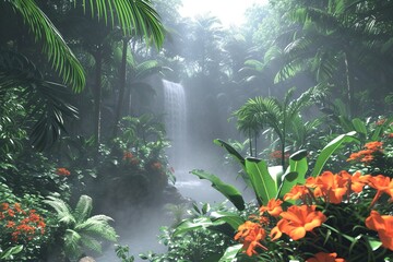 Misty rainforest waterfall in the jungle with bright orange flowers in the foreground