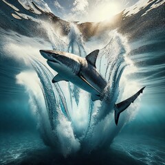 Shark plunging into crystal clear water. Generative Ai.