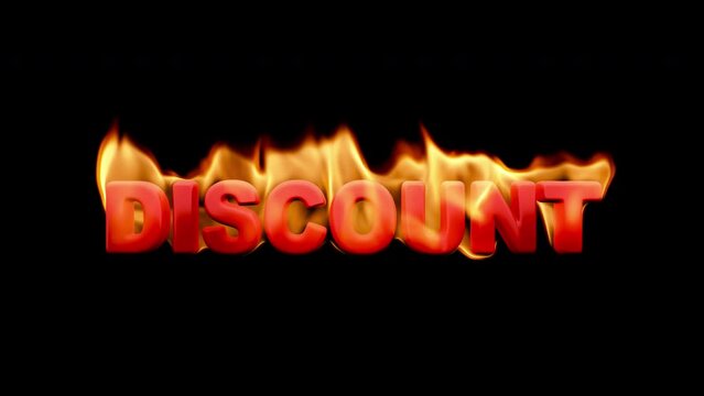 DISCOUNT. Bright fiery text on a transparent background. Seamless looping flame animation with built-in alpha channel.