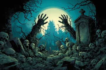 Spooky Graveyard with Zombies and Skulls - obrazy, fototapety, plakaty
