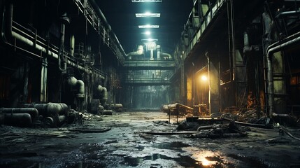 A dark and eerie abandoned factory building with pipes and catwalks