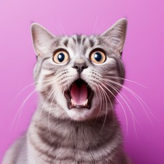 A gray and white cat with wide open mouth and eyes - obrazy, fototapety, plakaty