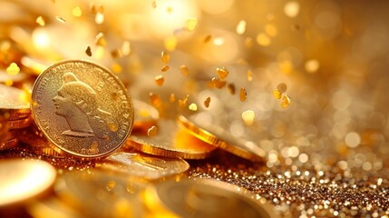 A golden coin with a woman's profile on it sits on a pile of gold coins against a blurred background of falling gold heart-shaped confetti.
