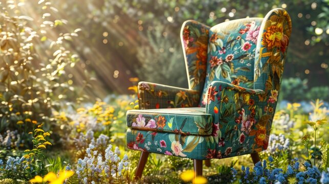 Mid century armchair in sunshine spring garden