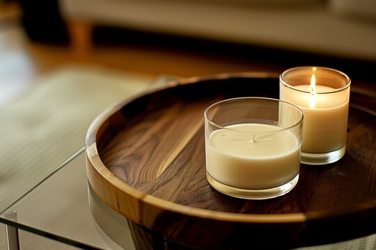 two candles in the glass on the table in a round wooden ray, one candle is burning, 