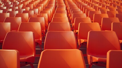 Seats of orange tribune on sport stadium. empty outdoor arena. concept of fans. chairs for audience. cultural environment concept. color and symmetry. empty seats. modern stadium