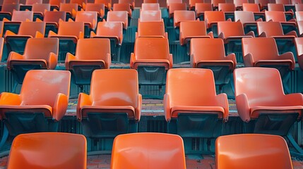Seats of orange tribune on sport stadium. empty outdoor arena. concept of fans. chairs for audience. cultural environment concept. color and symmetry. empty seats. modern stadium