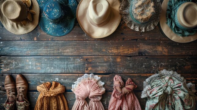 Classic Vibes: Retro Fashion Flatlay with Vintage Clothing Items on Wooden Surface.