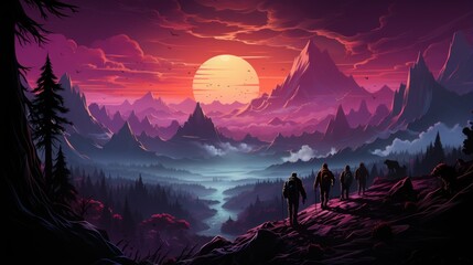 Fantasy landscape with a couple of hikers at sunset - obrazy, fototapety, plakaty