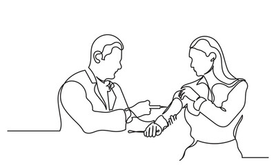 Continuous line drawing of a male doctor pushing an injection into a girl. Single line drawing doctor-patient. doctor with stethoscope vector illustration.Concept of hospital and health care service.
