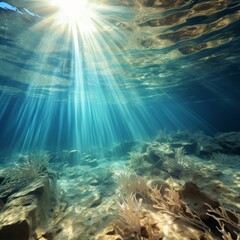 Fototapeta na wymiar Underwater Ocean Sunlight Rays Through Rocky Seabed With Coral