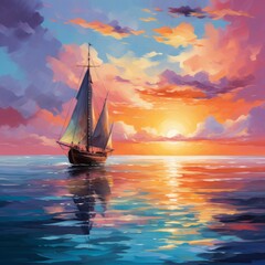 Obraz premium A sailboat on the sea at sunset with a beautiful cloudscape in the background