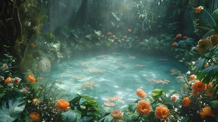 Fototapeta na wymiar Mystical Garden Pond with Orange Flowers