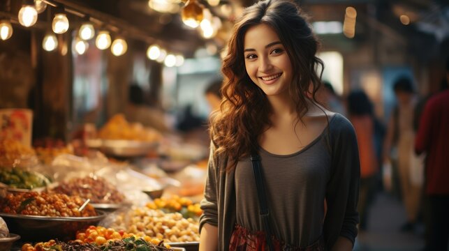 Young asian woman shopping at street food market. Smiling girl looking at camera.