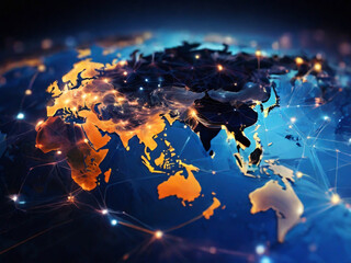 A world map, concept of global network and connectivity, worldwide business,  international data transfer and cyber technology,  information exchange, science, cybersafe and telecommunication 
